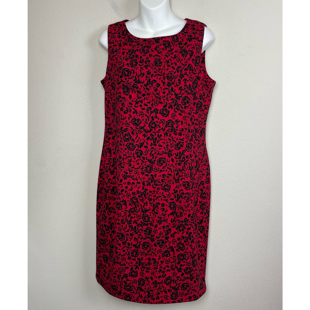 Calvin Klein Sheath Sleeveless Dress Red Black Floral Draped Waist Size 12โ